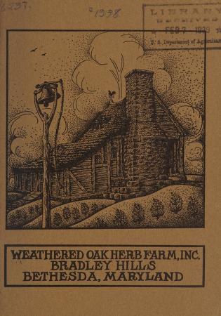 Schwarze und weiße Illustration eines alten Buches, das eine verwitterte Eichenkrautfarm in Bradley Hills, Bethesda, Maryland zeigt, mit einem Haus umgeben von grünem Gras und Vögeln, die am Himmel fliegen, und dem Text "Weathered Oak Herb Farm, Inc." auf dem Buch.