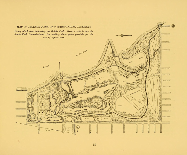 Detaillierte alte Karte von Jackson Park und umliegenden Bezirken, die Straßen, Parks und andere Merkmale zeigt.