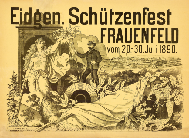 Plakat für das Eidgenössische Schützenfest in Frauenfeld, Deutschland, das einen förmlich gekleideten Mann und eine Frau mit Eventdetails in Text zeigt.