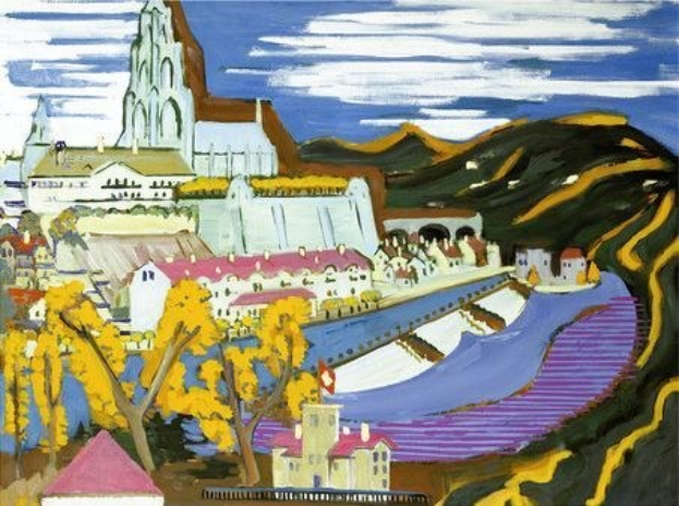 Gemälde namens "Köln" von KÜNSTLER, das eine Stadtlandschaft mit einer Kirche, Bäumen, Häusern, Hügeln und einem bewölkten Himmel zeigt.