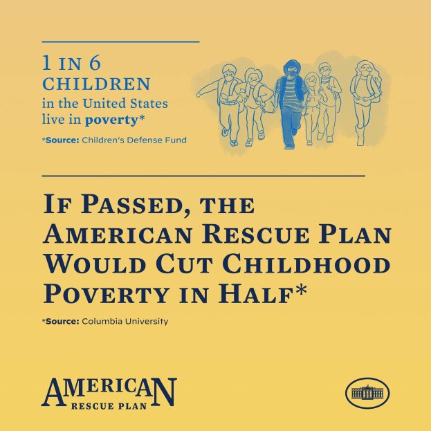 Plakat für den American Rescue Plan, das Text zeigt, dass es die Kinderarmut in der Hälfte reduzieren würde, und ein Bild einer vielfältigen Gruppe von Menschen.