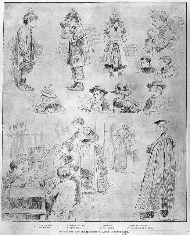 Schwarze und weiße Zeichnung von Kindern in einem Klassenzimmer mit einem Blatt Papier in der Mitte.