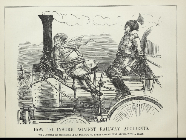 Illustration einer historischen Versicherungsanzeige mit zwei beunruhigten Personen auf einer Dampflokomotive mit der Überschrift "Wie man sich gegen Eisenbahnunfälle versichern kann."