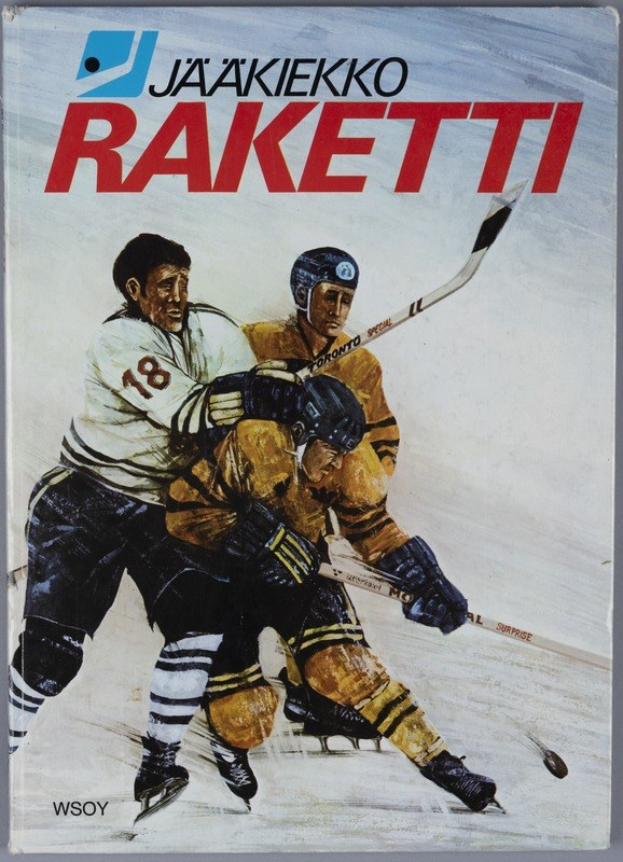 Buchumschlag mit dem Titel "Jääkiekko Raketti", der drei Eishockeyspieler beim Spiel mit einem Hockeystock auf einer ebenen Fläche zeigt.