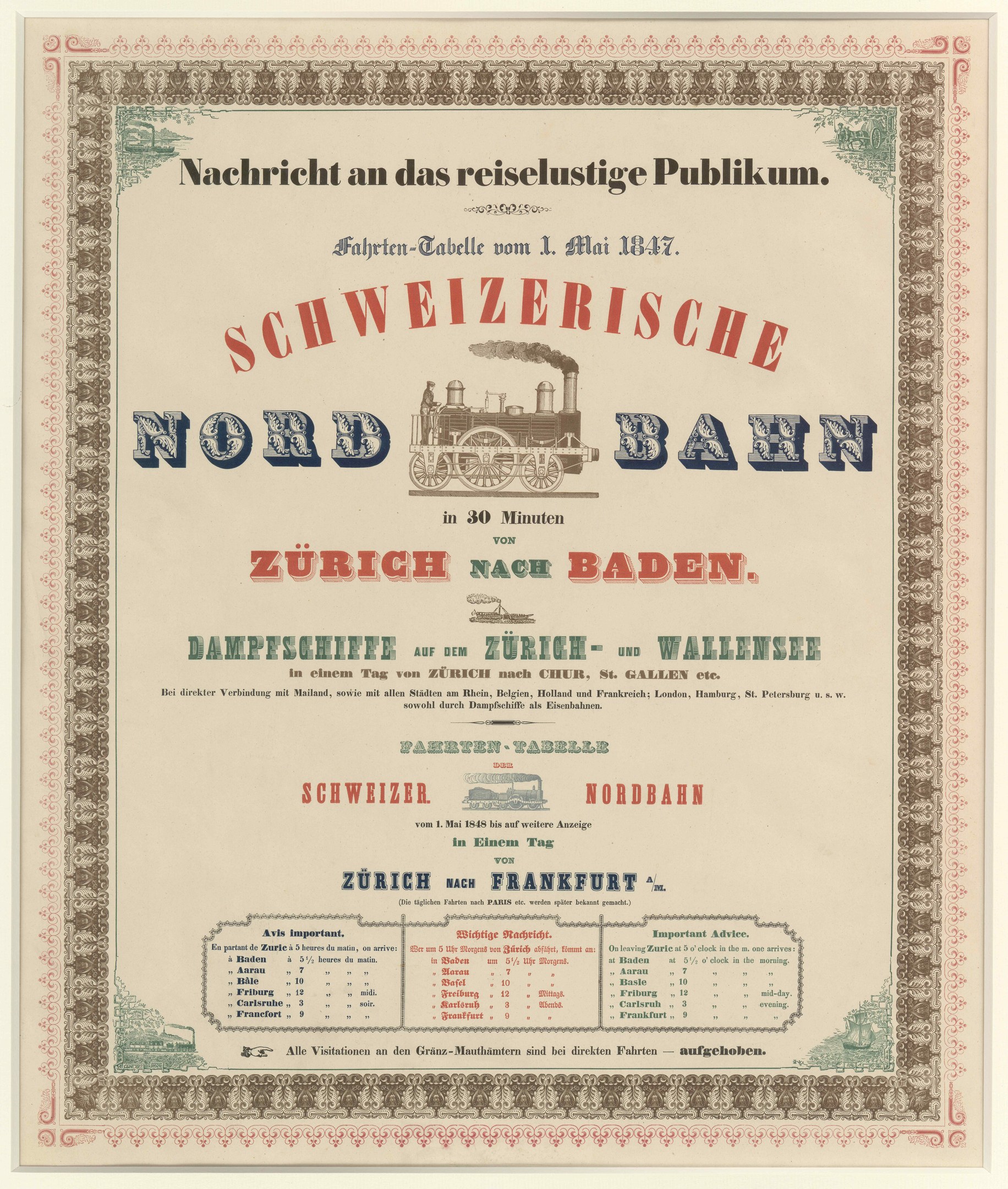 Plakat mit einem Zug mit der Aufschrift "Schweizerische Nordbahn in Baden, Deutschland" in der Mitte auf einem hellgelben Hintergrund mit schwarzem und weißem Karomuster und dekorativem Rahmen.
