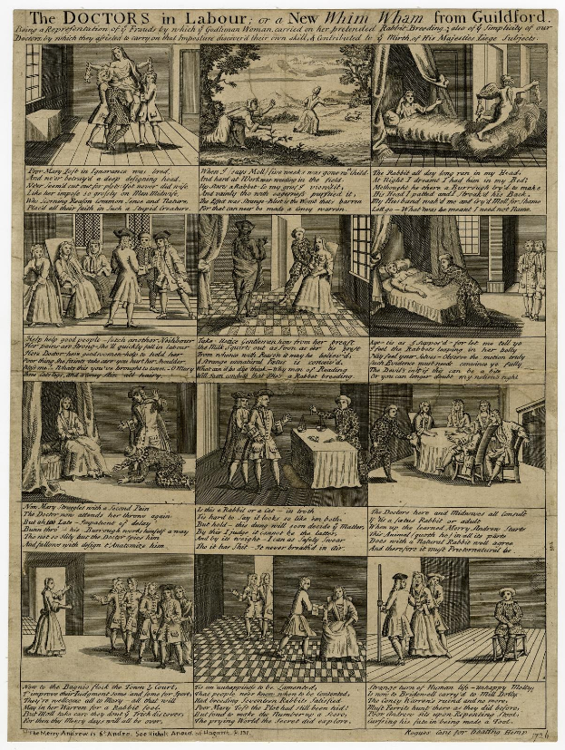 Eine detaillierte Illustration auf einem Blatt Papier, das Ärzte bei der Arbeit oder einen neuen Wham aus Guildford zeigt, einschließlich eines Arztes im Laborkittel, einer Krankenschwester in einem Kleid und eines Patienten in einem Krankenhausbett.