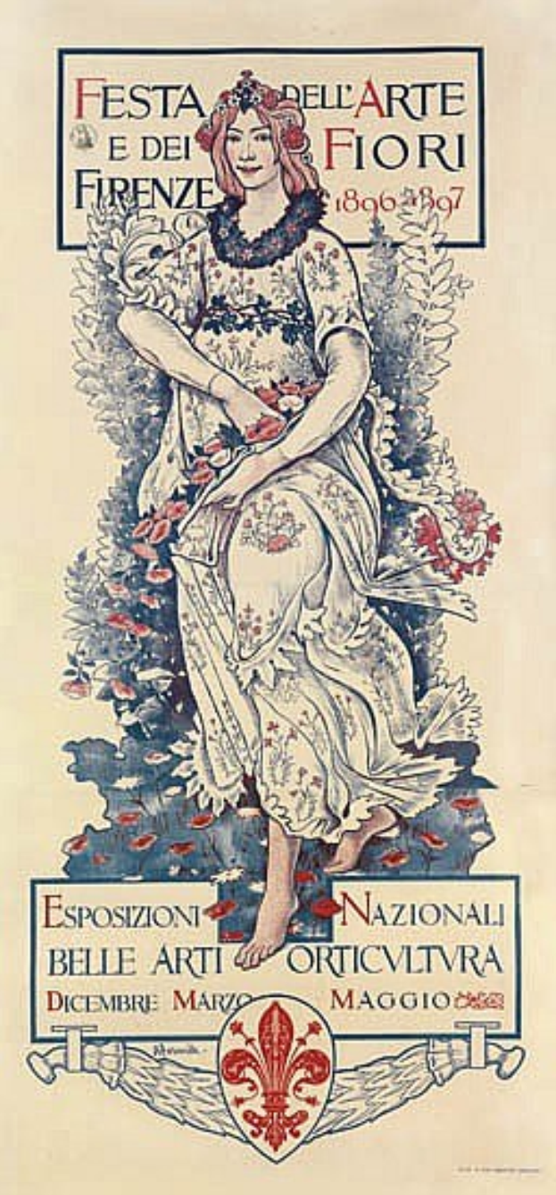 Plakat für ein italienisches Festival, das eine Frau in einem langen weißen Kleid mit hohem Kragen, einem Dutt und einem sanften Ausdruck vor einem hellblauen Hintergrund mit fetter schwarzer Schrift zeigt.