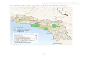 Eine detaillierte Karte der Südküsten-Hydrologischen Region mit Text zur Darstellung von Grundwasser-Managementplänen, einschließlich Wassertypen, Verfügbarkeit und geschätzte Fertigstellungszeiten.