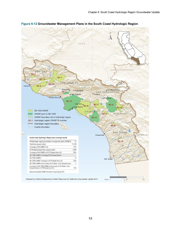 Eine detaillierte Karte der Südküsten-Hydrologischen Region mit Text zur Darstellung von Grundwasser-Managementplänen, einschließlich Wassertypen, Verfügbarkeit und geschätzte Fertigstellungszeiten.