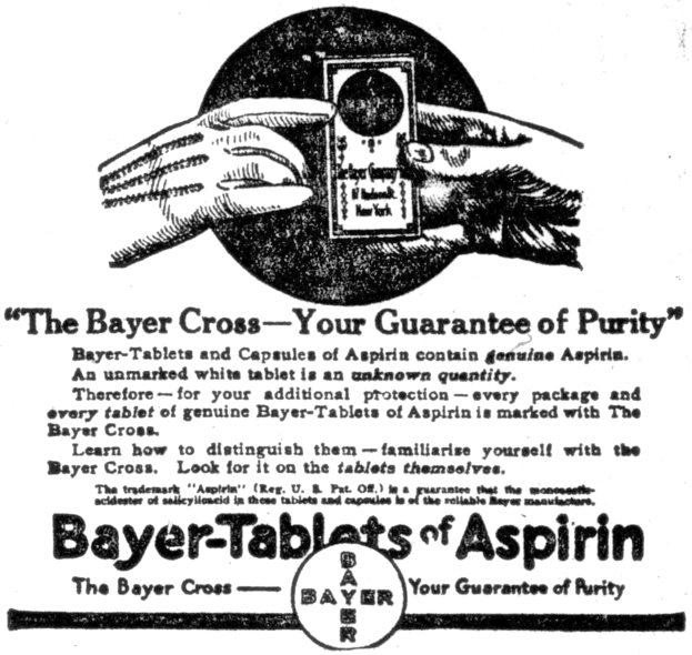 Plakat mit einem Schwarz-Weiß-Bild einer Hand, die eine Bayer-Aspirin-Tablette hält, mit dem Text "Das Bayer-Kreuz - Ihre Garantie für Reinheit" darunter.