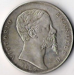 Silbermünze aus Italien, 1859, mit dem Bild eines bärtigen Mannes und der Inschrift "Vittorio Emanuele II" auf einem weißen Hintergrund.