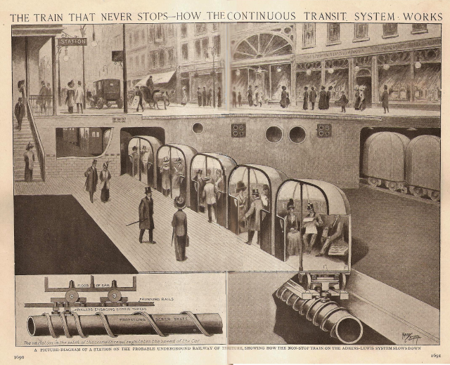 Ein Blatt mit Bildern von Menschen, Zügen und anderen Gegenständen sowie dem Text "Der Zug, der nie anhält - wie das ständige Transit-System funktioniert".