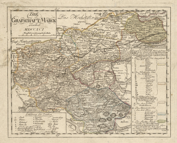 Ein detaillierter alter Stadtplan von München, Deutschland, mit Straßen, Parks, Flüssen und Bergen, umgeben von einem dekorativen blau-grün-gelben Rahmen.
