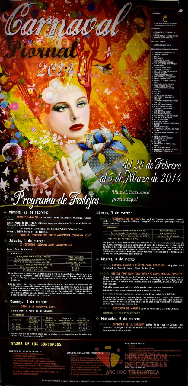 Plakat für das Karnevals Festival 2014 mit einer lachenden Frau in einem bunten Kleid auf einem lebendigen gelben Hintergrund, umgeben von fetter schwarzer Schrift.