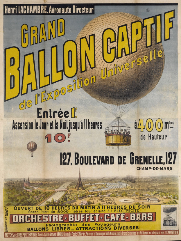 Plakat, das den 'Ballon Captif' auf der Weltausstellung ankündigt, mit Hot Air Balloons, Gebäuden, Bäumen und Himmel sowie Text mit Veranstaltungseinzelheiten.