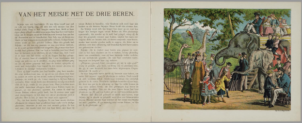 Ein offenes Buch mit dem Titel 'Die Geschichte des Zirkus' veröffentlicht 1885 in den Niederlanden, das eine Illustration von einer Gruppe von Menschen und Tieren in einem Zoo zeigt, umgeben von Bäumen, Vögeln und einem Zaun.
